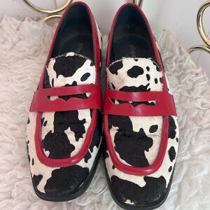 Jeffrey Campbell Black and White Cow Print Loafers with Red Trim